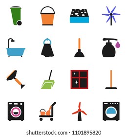 solid vector ixon set - plunger vector, scraper, cleaner trolley, mop, scoop, bucket, sponge, towel, trash bin, liquid soap, shining window, windmill, bath, washer