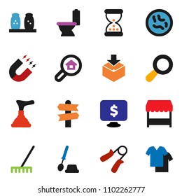 solid vector ixon set - plunger vector, rake, toilet, brush, spices, magnet, monitor dollar, hand trainer, signpost, package, sand clock, microbs, magnifier, search estate, market, clothes