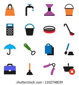 solid vector ixon set - plunger vector, bucket, car fetlock, toilet brush, whisk, ladle, grater, sieve, case, hand trainer, umbrella, water supply, shopping bag, basket