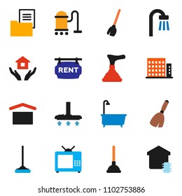 solid vector ixon set - plunger vector, broom, vacuum cleaner, mop, bath, house hold, dry cargo, estate document, rent signboard, apartments, tv, smart home