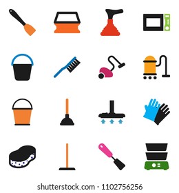 solid vector ixon set - plunger vector, vacuum cleaner, fetlock, mop, bucket, sponge, rubber glove, spatula, microwave oven, double boiler