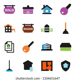 solid vector ixon set - plunger vector, mop, sponge, university, school building, house, cottage, plan, estate document, rooms signboard, sold, office, key, smart home, protect