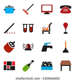solid vector ixon set - plunger vector, cleaner trolley, water tap, rake, sponge, pan, punching bag, consolidated cargo, monitor, classic phone, rca, jack, vial, scalpel, siren, table