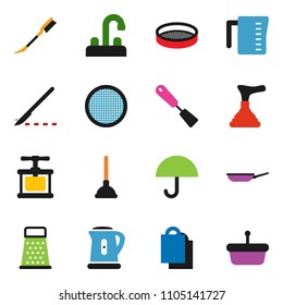 solid vector ixon set - plunger vector, car fetlock, water tap, pan, kettle, measuring cup, cook press, spatula, grater, sieve, umbrella, scalpel, shopping bag, basket