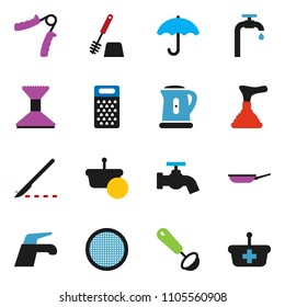 solid vector ixon set - plunger vector, water tap, car fetlock, toilet brush, pan, kettle, ladle, grater, sieve, hand trainer, umbrella, scalpel, supply, basket
