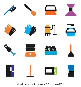 solid vector ixon set - plunger vector, vacuum cleaner, fetlock, mop, sponge, car, washing powder, rubber glove, spatula, microwave oven, double boiler, blender, fridge