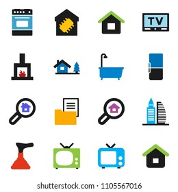 solid vector ixon set - plunger vector, bath, oven, tv, house, chalet, estate document, office building, search, fireplace, fridge, smart home