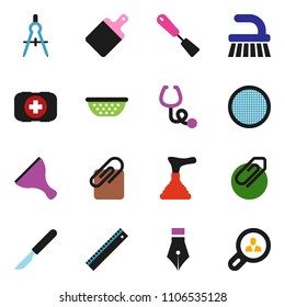 solid vector ixon set - plunger vector, scraper, fetlock, colander, spatula, cutting board, sieve, pen, ruler, drawing compass, first aid kit, scalpel, stethoscope, attachment, client search