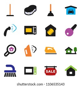 solid vector ixon set - plunger vector, fetlock, mop, sponge, iron, steaming, microwave oven, chalet, garage, sale signboard, search estate, key, smart home