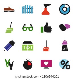 solid vector ixon set - plunger vector, scoop, clothespin, hand mill, potato, pencil, glasses, pie graph, stadium, stopwatch, snickers, heart monitor, finger up, fence, percent