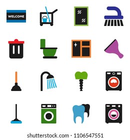 solid vector ixon set - plunger vector, scraper, cleaner trolley, fetlock, mop, trash bin, window cleaning, welcome mat, toilet, washer, shower, tooth, implant