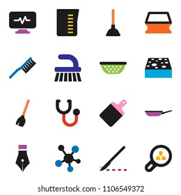 solid vector ixon set - plunger vector, broom, fetlock, sponge, pan, colander, measuring cup, cutting board, pen, social media, scalpel, stethoscope, diagnostic monitor, client search