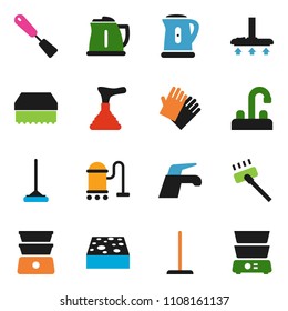 solid vector ixon set - plunger vector, water tap, vacuum cleaner, mop, sponge, rubber glove, kettle, spatula, double boiler