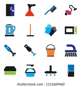 solid vector ixon set - plunger vector, vacuum cleaner, fetlock, mop, bucket, sponge, washing powder, rubber glove, kettle, microwave oven, blender, fridge