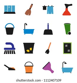 solid vector ixon set - plunger vector, scraper, broom, fetlock, scoop, bucket, trash bin, window cleaning, bath, drying clothes, shining