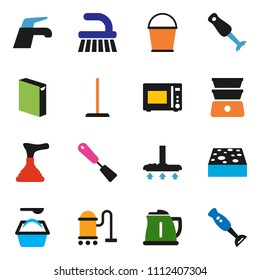 solid vector ixon set - plunger vector, water tap, vacuum cleaner, fetlock, mop, bucket, sponge, washing powder, kettle, spatula, microwave oven, double boiler, blender