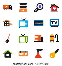 solid vector ixon set - plunger vector, broom, vacuum cleaner, welcome mat, double boiler, tv, house, cottage, sold signboard, apartments, search estate, relocation truck, love home, password