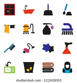 solid vector ixon set - plunger vector, vacuum cleaner, fetlock, scoop, towel, trash bin, splotch, bath, drying clothes, toilet brush, liquid soap, shining window, sink, woman