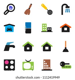 solid vector ixon set - plunger vector, broom, water tap, skimmer, oven, house, garage, apartments, search estate, bath, fridge, tv, building, home, password