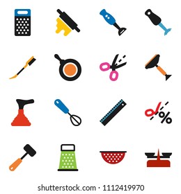 solid vector ixon set - plunger vector, scraper, car fetlock, pan, colander, whisk, rolling pin, meat hammer, grater, blender, ruler, coupon, store scales