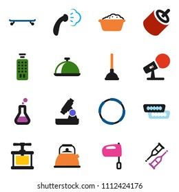 solid vector ixon set - plunger vector, steaming, foam basin, kettle, cook press, mixer, dish, microscope, skateboard, hoop, microphone, remote control, rca, hdmi, flask, crutches