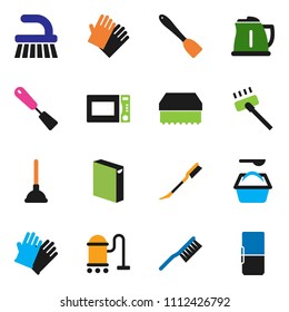 solid vector ixon set - plunger vector, vacuum cleaner, fetlock, sponge, car, washing powder, rubber glove, kettle, spatula, microwave oven, fridge