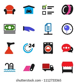 solid vector ixon set - plunger vector, washer, cook glove, plates, exam, fitness mat, pool, money, delivery, ovule, message, network document, garage, cushioned furniture, 24 hour, market