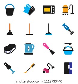 solid vector ixon set - plunger vector, vacuum cleaner, mop, bucket, sponge, car fetlock, washing powder, rubber glove, kettle, spatula, microwave oven, blender, fridge