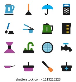 solid vector ixon set - plunger vector, water tap, car fetlock, toilet brush, pan, kettle, measuring cup, cook press, spatula, grater, sieve, umbrella, basket
