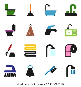 solid vector ixon set - plunger vector, water tap, fetlock, towel, toilet, brush, paper, shower, sink, bath