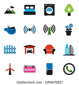 solid vector ixon set - pond vector, windmill, fruit tree, mountain, garage, fence, rooms signboard, office building, washer, cushioned furniture, fridge, wireless, flower in pot, phone