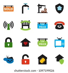 solid vector ixon set - pond vector, water supply, sold signboard, low price, lock, unlock, crib, love home, tv, wireless, smart, construction crane, phone, protect