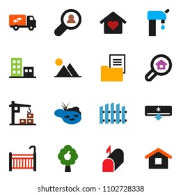 solid vector ixon set - pond vector, water supply, fruit tree, mountain, fence, estate document, apartments, search, client, crib, relocation truck, love home, air conditioner, construction crane