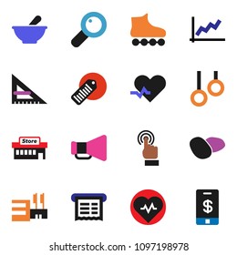 solid vector ixon set - potato vector, corner ruler, graph, heart pulse, roller Skates, gymnast rings, barcode, loudspeaker, touchscreen, magnifier, mortar, mall, receipt, tap pay
