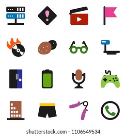 solid vector ixon set - potato vector, glasses, flag, hand trainer, shorts, big scales, cinema clap, music hit, gamepad, microphone, battery, network server, attention sign, fridge, building, phone
