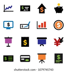 solid vector ixon set - presentation vector, dollar coin, graph, piggy bank, growth, check, receipt, board, monitor, yen sign, credit card