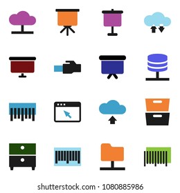 solid vector ixon set - presentation vector, archive, board, barcode, network folder, server, cloud, exchange, browser, lan connector, upload