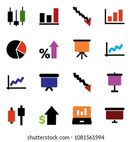 solid vector ixon set - presentation vector, graph, pie, japanese candle, laptop, crisis, percent growth, dollar, board