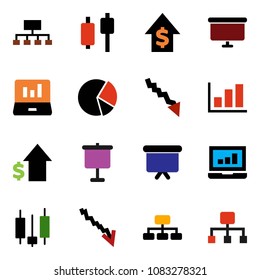 solid vector ixon set - presentation vector, graph, pie, japanese candle, laptop, crisis, dollar growth, board, hierarchy