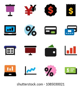solid vector ixon set - presentation vector, graph, laptop, receipt, board, dollar medal, yen sign, credit card, wallet, percent, check