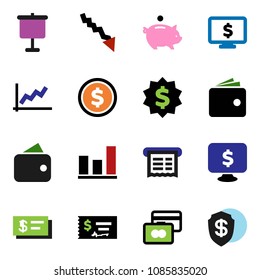 solid vector ixon set - presentation vector, dollar coin, graph, credit card, wallet, crisis, piggy bank, check, medal, monitor, receipt, shield