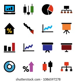 solid vector ixon set - presentation vector, graph, pie, japanese candle, laptop, crisis, percent growth, board, hierarchy