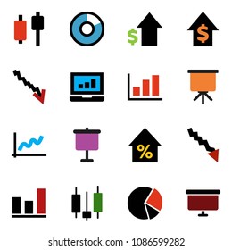 solid vector ixon set - presentation vector, graph, pie, japanese candle, laptop, crisis, percent growth, dollar, board