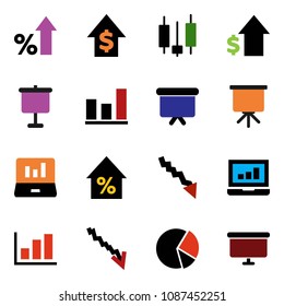 solid vector ixon set - presentation vector, graph, pie, japanese candle, laptop, crisis, percent growth, dollar, board
