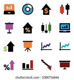 solid vector ixon set - presentation vector, graph, pie, japanese candle, laptop, crisis, percent growth, dollar, board