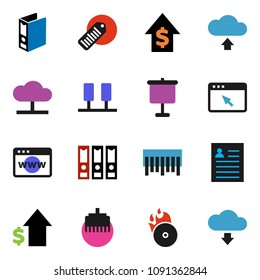 solid vector ixon set - presentation vector, personal information, dollar growth, binder, barcode, music hit, server, cloud network, browser, lan connector, upload, download