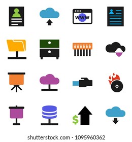 solid vector ixon set - presentation vector, archive, personal information, dollar growth, music hit, network folder, server, cloud, shield, browser, hub, lan connector, upload, download