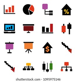 solid vector ixon set - presentation vector, graph, pie, japanese candle, laptop, crisis, percent growth, dollar, board, hierarchy