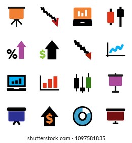 solid vector ixon set - presentation vector, graph, pie, japanese candle, laptop, crisis, percent growth, dollar, board