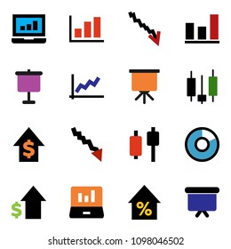 solid vector ixon set - presentation vector, graph, pie, japanese candle, laptop, crisis, percent growth, dollar, board